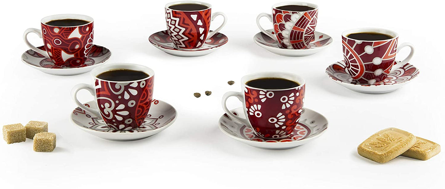 Bolzano Set 6 Tazzine da caffè con Piattino, Porcellana, Multicolore - Dolci pensieri gift