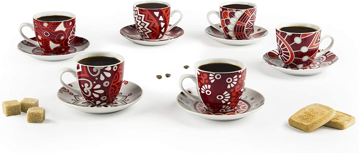 Bolzano Set 6 Tazzine da caffè con Piattino, Porcellana, Multicolore - Dolci pensieri gift