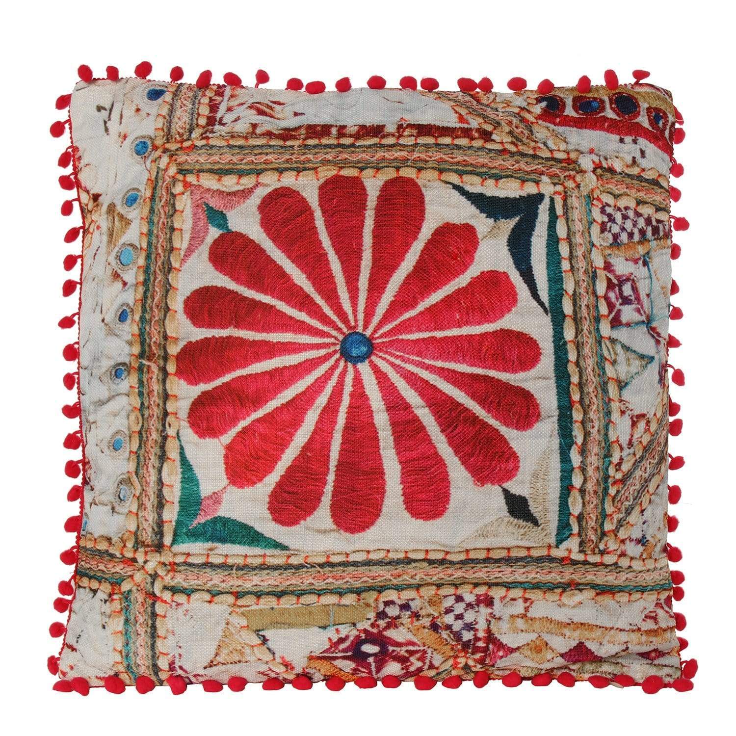 Messico Cuscino fiore stile etnico con pattern effetto ricamato con pompon 45 x 45 cm - Dolci pensieri gift