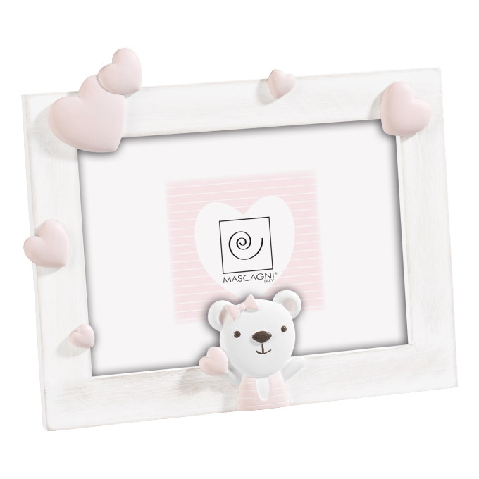 Portafoto orsetto 13 x 18 cm in legno con cuori bianco rosa - Dolci pensieri gift