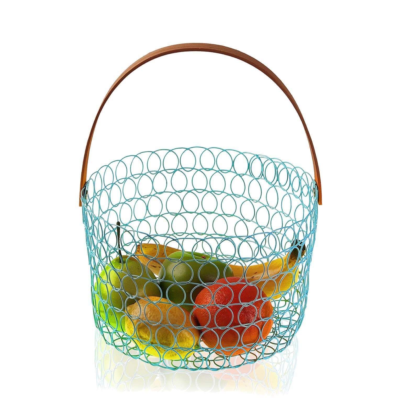 Portafrutta in metallo azzurro con manico in bambu 24 x 15 cm acquamarina - Dolci pensieri gift