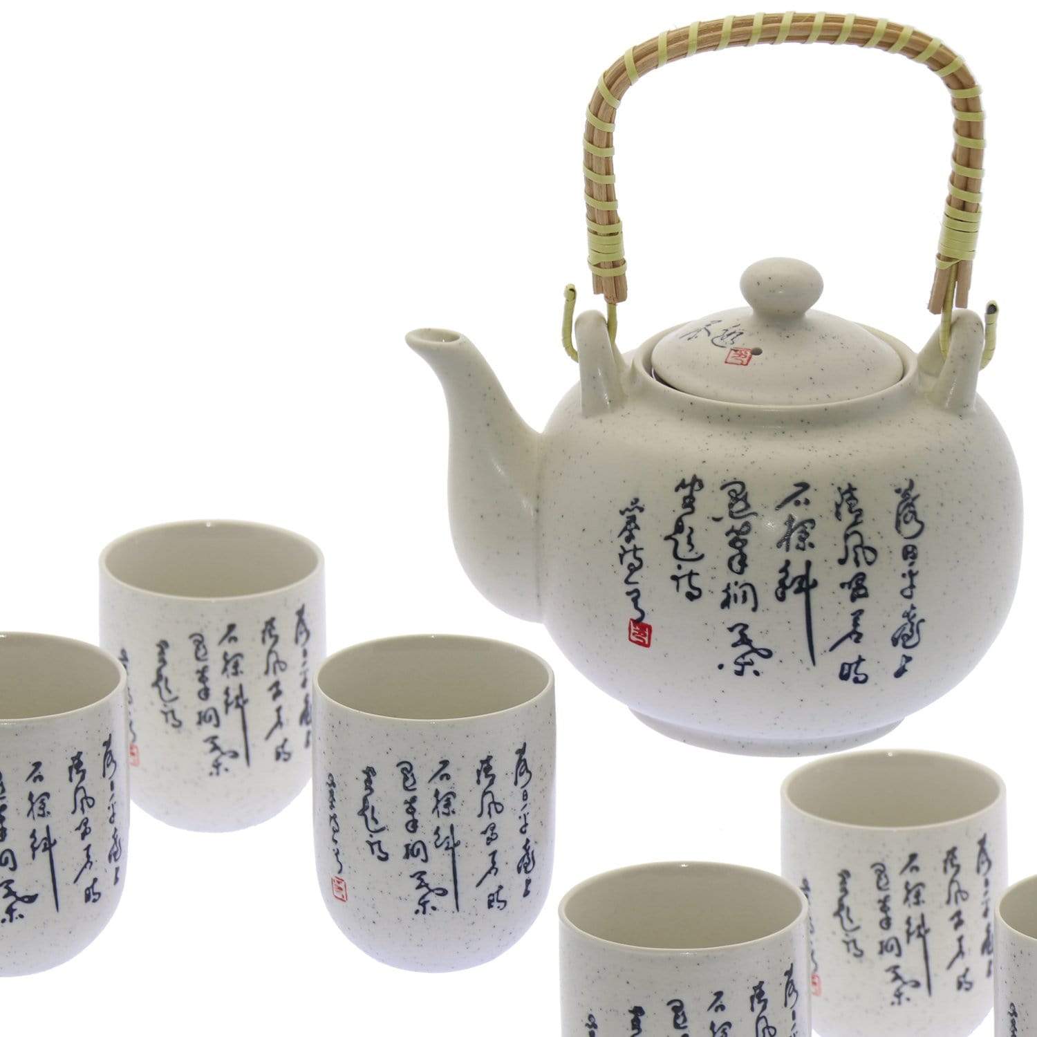 Set Teiera Giapponese con 6 bicchieri in ceramica con manico in bambù decorazioni orientali bianca - Dolci pensieri gift