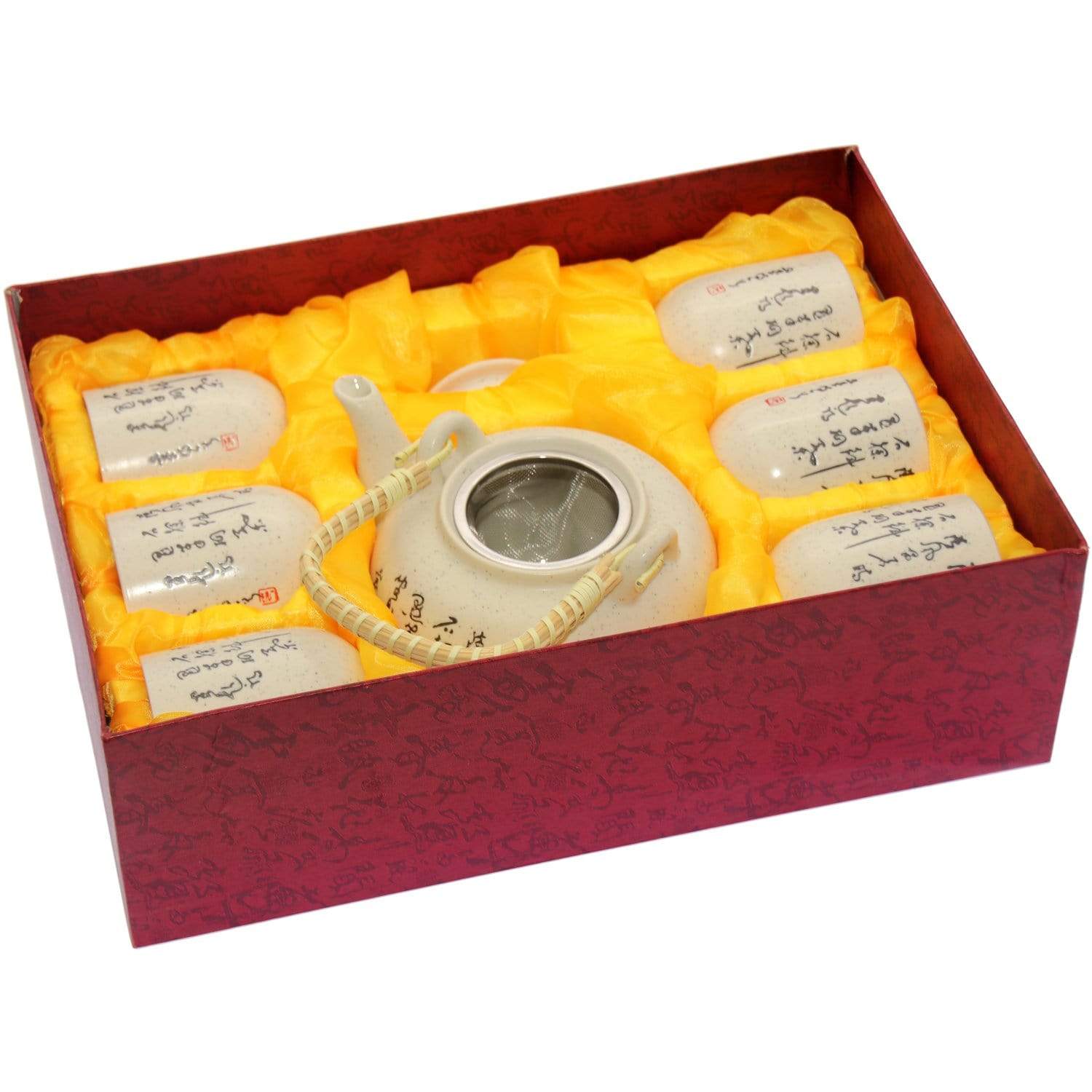 Set Teiera Giapponese con 6 bicchieri in ceramica con manico in bambù decorazioni orientali bianca - Dolci pensieri gift