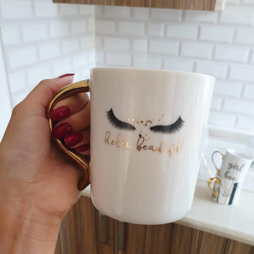Tazza Mug in ceramica con occhi Bianco manico oro 380ml - Dolci pensieri gift