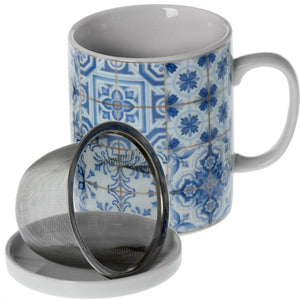 Tazza tisaniera maioliche blu mug in ceramica con coperchio e