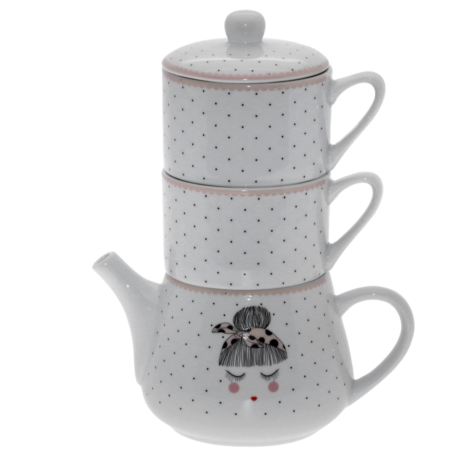 Teiera con 2 tazze set 3 pezzi in porcellana a pois con decorazioni - Dolci pensieri gift