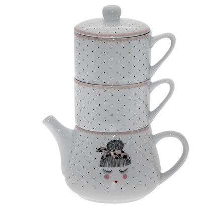 Teiera con 2 tazze set 3 pezzi in porcellana a pois con decorazioni - Dolci pensieri gift