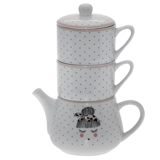 Teiera con 2 tazze set 3 pezzi in porcellana a pois con decorazioni - Dolci pensieri gift