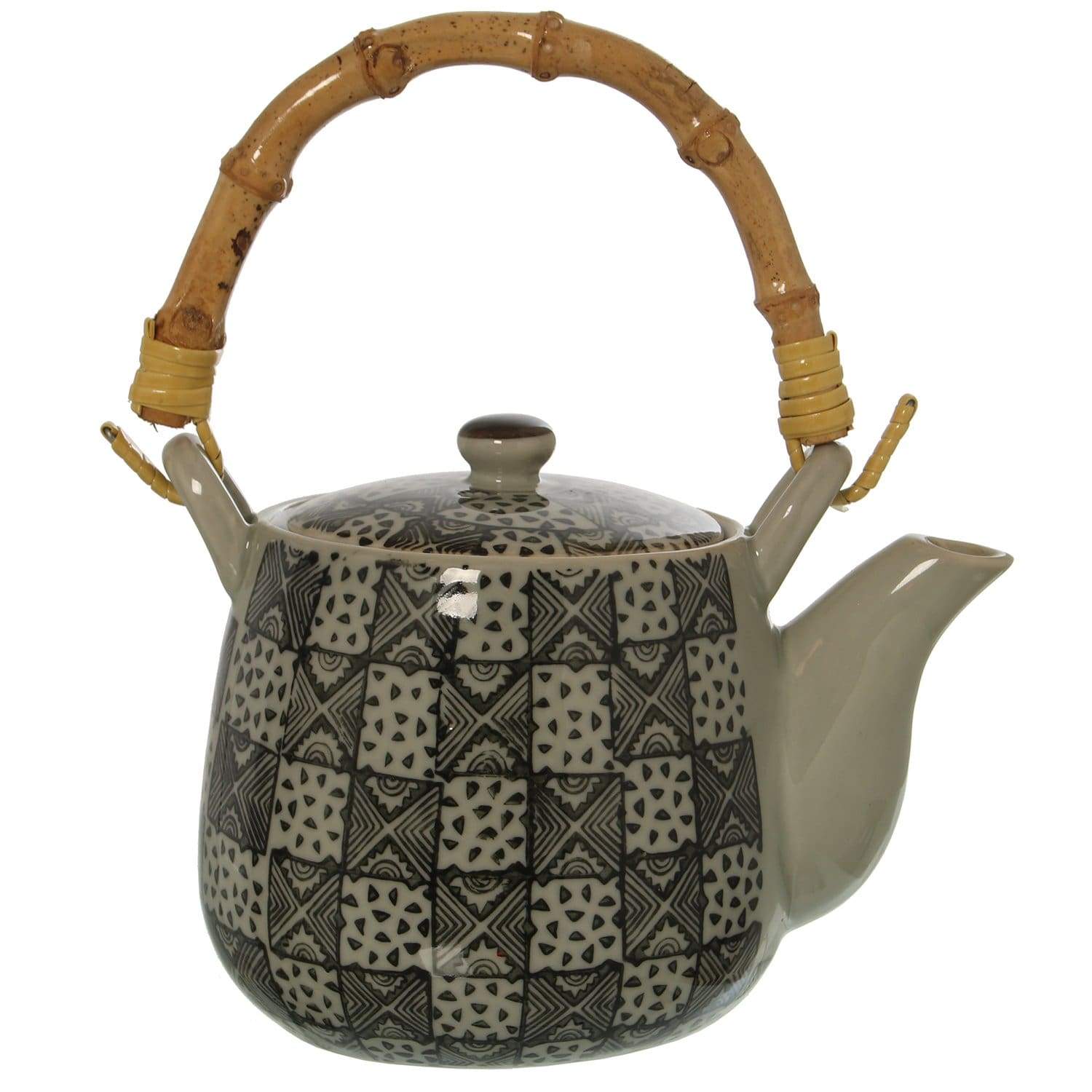 Teiera in ceramica con filtro e manico in legno di bambù 350 ml con decorazioni nere - Dolci pensieri gift