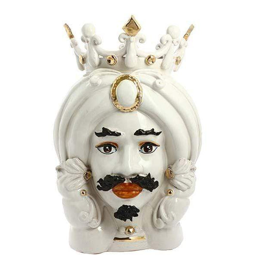 TESTA DI MORO RE BIANCA CON CORONA DECORO ORO CERAMICA CALTAGIRONE D. 27X40 - Dolci pensieri gift