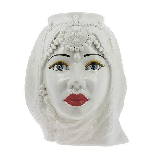 VASO TESTA DI MORO DONNA ARABA DECORO BIANCO CERAMICA CALTAGIRONE D. 25X35 - Dolci pensieri gift