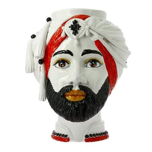 VASO TESTA DI MORO RE UOMO ARABO DECORO ROSSO CERAMICA CALTAGIRONE D. 25X35 - Dolci pensieri gift