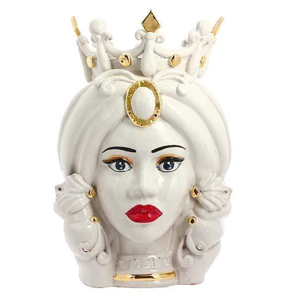 VASO TESTA DI MORO REGINA BIANCA CON CORONA DECORO ORO CERAMICA CALTAGIRONE D. 27X40 - Dolci pensieri gift