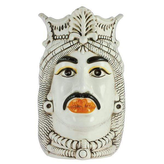 VASO TESTA DI MORO UOMO RE ARABO BIANCA DECORATA CERAMICA CALTAGIRONE D. 17X25 - Dolci pensieri gift