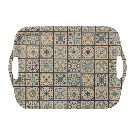 Vassoio in Bambù beige con decorazione maioliche blu 42x29,3x2 Cm. - Dolci pensieri gift